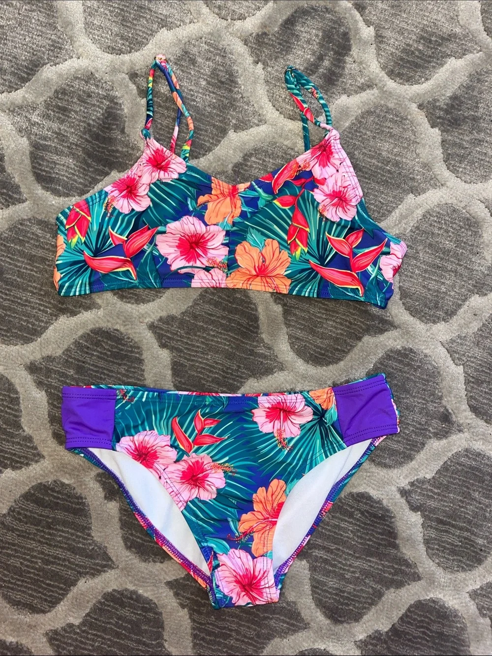 Floral Tropical Girls' Bikini Set - Green & Purple